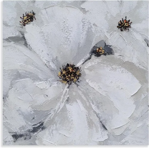 Miniatura 2 de SYGALLERIER Arte abstracto de pared de flores, pintura al óleo floral gris y blanca con adornos de lámina dorada, arte de pared de lienzo hecho a