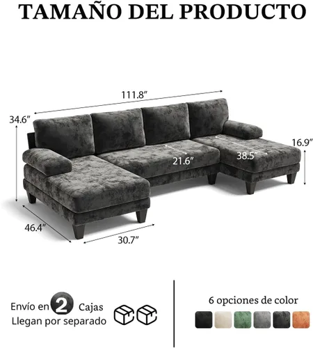 Miniatura 2 de Sofás seccionales en forma de U para sala de estar, sofá modular moderno de 112 pulgadas, sofá de felpilla gris oscuro con diván doble