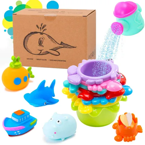 Miniatura 5 de INNOCHEER Juguetes de baño para bebés para niños pequeños, juguetes de mesa de agua con tazas apilables sin moho, red organizadora de secado rápido