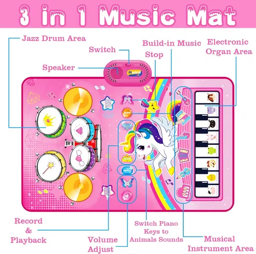 Miniatura 5 de Juguetes para Niñas de 1 Año Regalos: Alfombra Musical para Bebés Juguetes para Niños de 1-2 Años - Piano, Tambor y Animales de 3 en 1 Toca