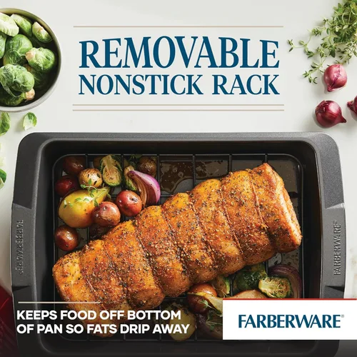 Miniatura 4 de Farberware Bakeware - Sartén antiadherente para asar con estante en U, 14.75 pulgadas x 10.75 pulgadas, color gris