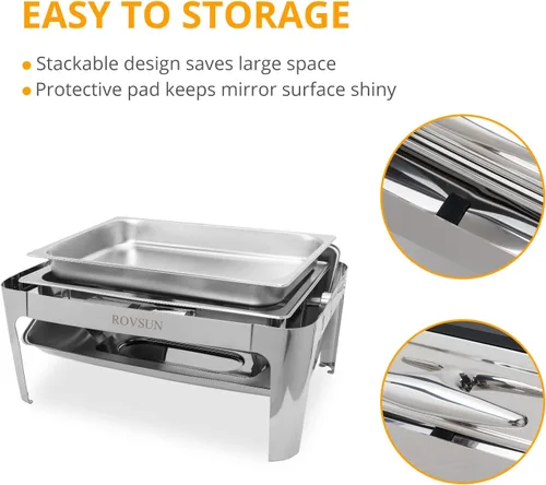 Miniatura 7 de ROVSUN Juego de 3 platos de bufé con tapa enrollable, 9 cuartos de galón de acero inoxidable NSF rectangular para catering, servidores de bufé