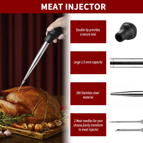 Miniatura 5 de JY COOKMENT Jeringa de acero inoxidable para pavo Baster Baster Jeringa para cocinar Inyector de carne con 2 agujas de marinada, 1 cepillo de Acero