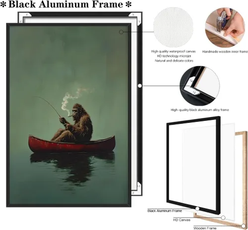 Miniatura 2 de Póster de lienzo retro de Sasquatch, divertido pie grande en una canoa roja, pesca verde esmeralda, arte de pared, diseño de casa de lago, vintage