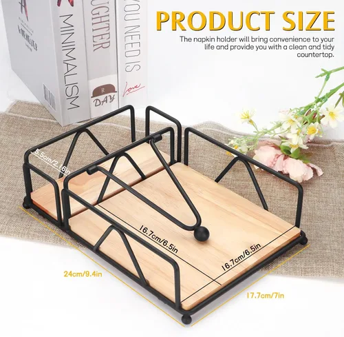 Miniatura 2 de Servilleteros para servilletas de papel, servilletero plano con base de madera, cesta de servilletas de acero inoxidable negro para cocina, fiesta