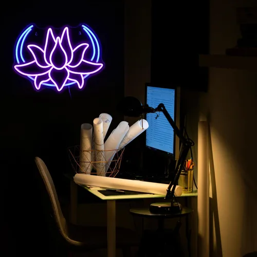 Miniatura 6 de Letrero de neón con diseño de flor de loto y luna, regulable, luz de neón azul para decoración de pared, alimentación USB, loto morado, letrero