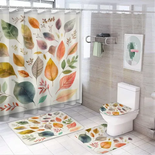 Miniatura 11 de Juego de 4 cortinas de ducha con alfombras, juego de baño con cortina de ducha y alfombras, 4 piezas, flores femeninas, lila, rosa, rubor, verde