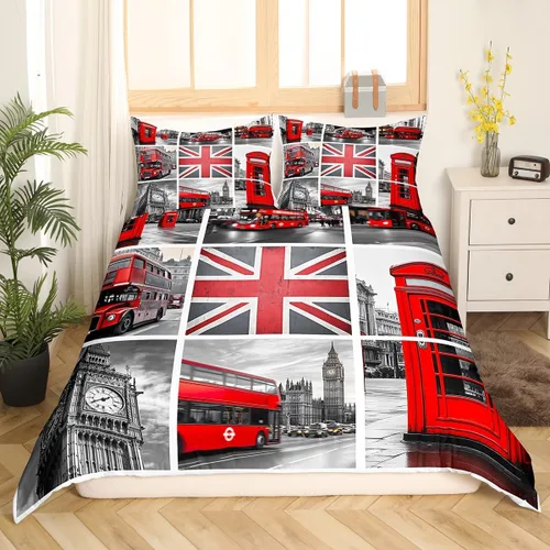 Miniatura 3 de Feelyou Funda de edredón para niñas Big Ben para niños, mujeres y hombres, color rojo y gris Londres Reino Unido, juego de ropa de cama famosa