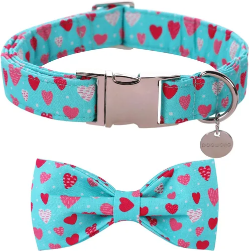 DOGWONG Collar de perro de San Valentín con pajarita, corazón azul, perfecto para perros pequeños, medianos y grandes, patrón de corazón, pajarita