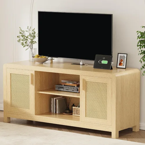 Miniatura 2 de LIKIMIO Soporte de TV con toma de corriente para televisores de hasta 65 pulgadas, centro de entretenimiento con puertas de ratán de almacenamiento