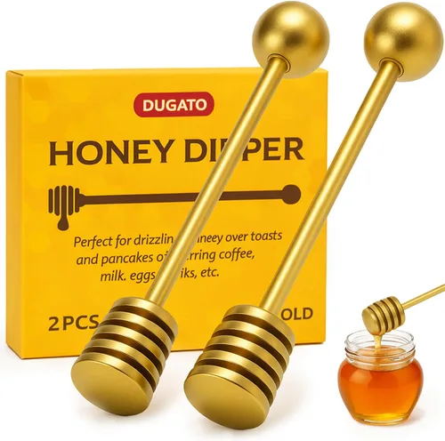 DUGATO Gold Honey Dipper Set (2 unidades, 6.3 pulgadas) – Palitos de panal de acero inoxidable 304 para tarro de miel, rociador de jarabe, agitador