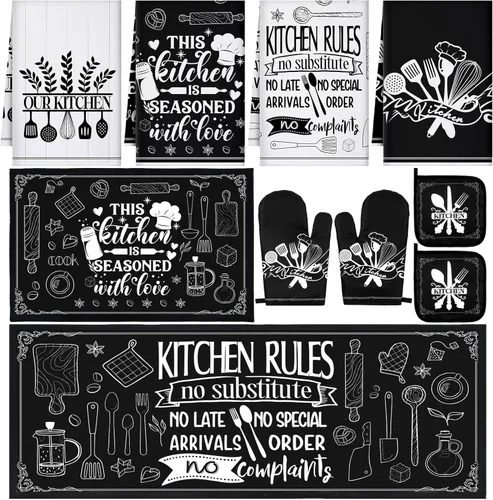 Fourluoo Juego de 10 piezas de decoración y accesorios de cocina de granja, 4 toallas de cocina, 2 soportes para ollas, 2 guantes de horno, 2