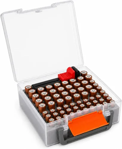 Miniatura 12 de FULLCASE Organizador de almacenamiento de baterías con soporte para 72 pilas AA AAA, cajas contenedor para garaje, organizador para cajones del Negro