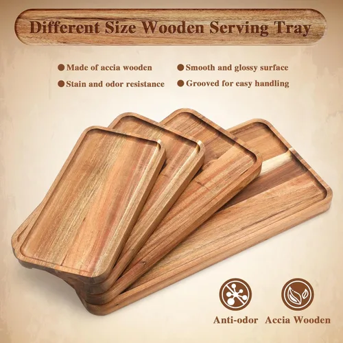 Miniatura 3 de Leinuosen Juego de 4 platos de madera de acacia para servir de madera maciza, tableros rectangulares de charcutería, platos de madera