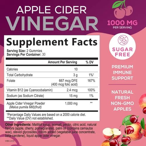 Miniatura 2 de Gomitas de vinagre de sidra de manzana, 1000 mg por porción, suplemento de vitaminas ACV sin azúcar, vitamina B12 y B6 para energía, soporte