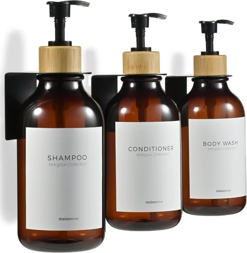 Miniatura 13 de MaisoNovo Dispensador de champú y acondicionador, dispensador de jabón de ducha montado en la pared, juego de 3 botellas de plástico ámbar de 16.9