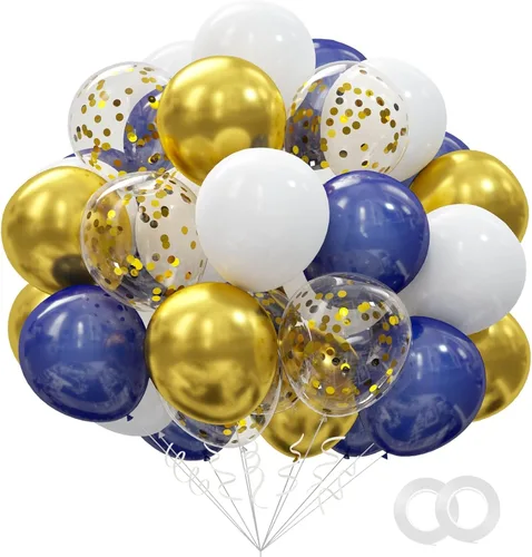 Miniatura 11 de OuMuaMua Kit de 62 globos de confeti azul, plateado y blanco, globos blancos de 12 pulgadas, globos plateados metálicos, globos de confeti plateado