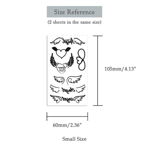 Miniatura 5 de Juego de 2 calcomanías de tatuaje temporal pequeñas, diseño de alas de corazón de ángel para mano, cuello, cara, muñeca, dedo, impermeable, falso