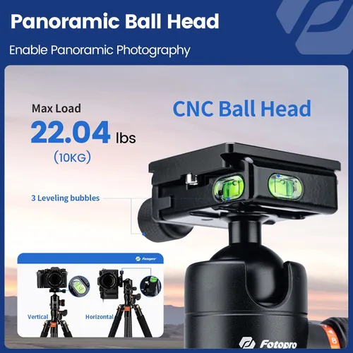 Miniatura 3 de Fotopro Trípode horizontal de fibra de carbono, 62.6 pulgadas, trípode de cámara 2 en 1, monopie con cabezal de bola de 360 grados, placa