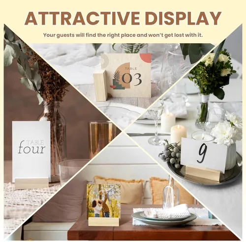 Miniatura 4 de 60 soportes de madera de 2.75 x 1.38 pulgadas para números de mesa de madera, portatarjetas para fotos, soporte acrílico para ceremonia, fiesta