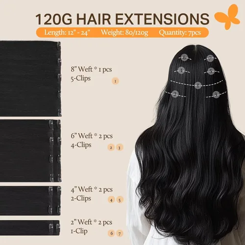 Miniatura 2 de DOORES - Extensiones de cabello humano con clip, color negro azabache de 18 pulgadas, 7 unidades, 120 g, extensiones de cabello humano real Remy