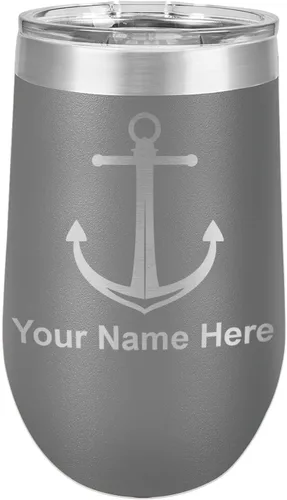 Miniatura 8 de LaserGram Vaso de vino de acero inoxidable de doble pared, ancla de barco, grabado personalizado incluido (negro)