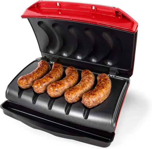 Nostalgia Game Day Sausage and Brat Parrilla eléctrica para 5 salchichas con bandeja de goteo de aceite, asa de transporte y almacenamiento de