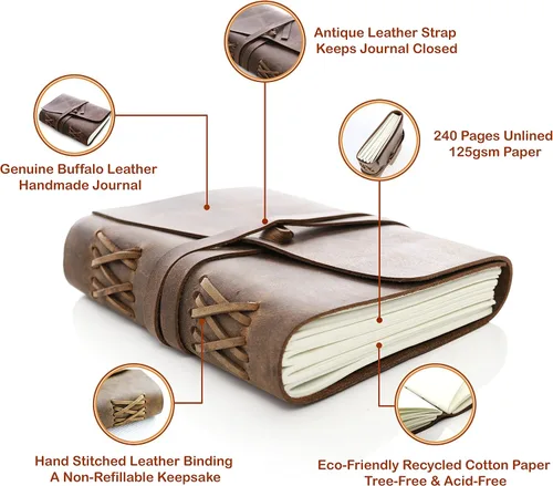 Miniatura 2 de Cuaderno de escritura de cuero, cuaderno encuadernado vintage hecho a mano para hombres y mujeres, escribe en papel grueso liso, páginas pequeñas
