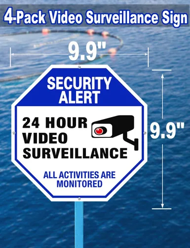 Miniatura 2 de Señal de videovigilancia, paquete de 4 letreros de cámara de seguridad de 10 x 10 pulgadas, material reflectante e impermeable, letreros