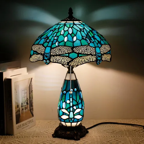 Miniatura 10 de Lámpara de Estilo Tiffany de Vidrio Manchado Azul Barroco de Mesa de 12X19 Pulgadas, Vaso Madre-Hija, Luz de Lectura para Escritorio, Decoración