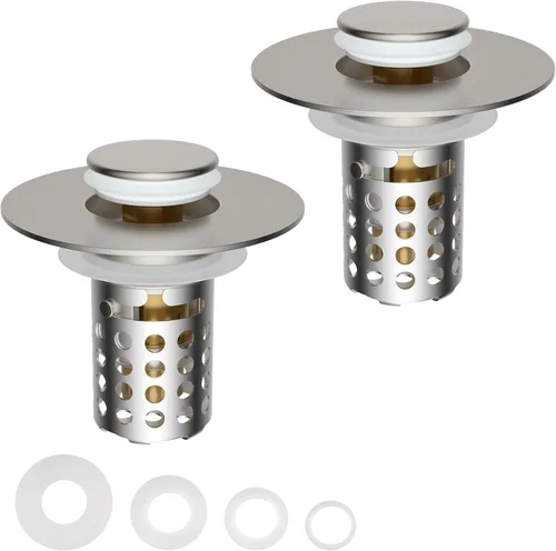 Colador universal para desagüe de lavabo de baño atrapa cabellos, 2 piezas mejoradas con cesta de filtro de acero inoxidable extraíble, tapón