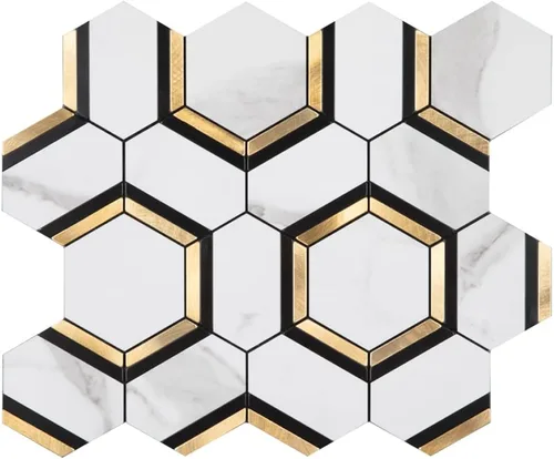 Diflart Paquete de 10 azulejos adhesivos para salpicaduras, blanco y dorado, hexagonales, vetas de mármol con metal mezclado de PVC, adhesivos en