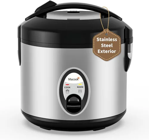 Macook Arrocera de acero inoxidable con vaporizador, 4 tazas sin cocer (1.0L)/8 tazas cocidas, cocina eléctrica para granos y verduras, mantiene el