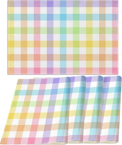 Pudodo Juego de 4 manteles individuales a cuadros de búfalo de Pascua para decoración de fiesta de primavera para el hogar, mesa de cocina (12 x 18