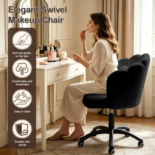 Miniatura 3 de Silla de escritorio Petal con cojín de arco, silla de terciopelo con ruedas, silla tapizada para oficina en casa para niñas y mujeres, sillas Negro