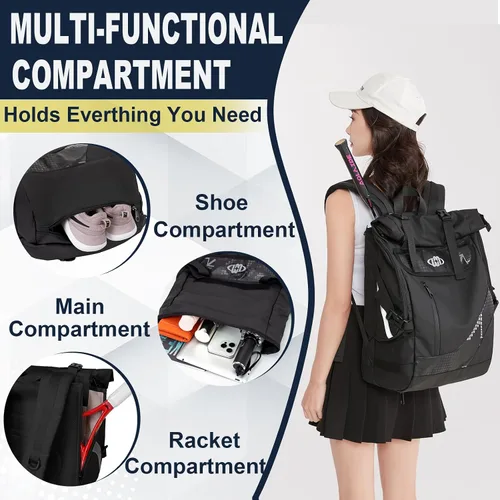 Miniatura 4 de UMGG - Mochila de tenis para mujeres y hombres con capacidad para 2 raquetas con compartimento para zapatos, mochila grande de pickleball