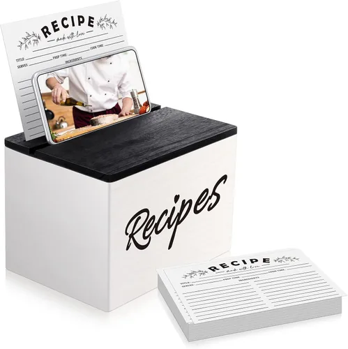 Miniatura 8 de Hoteam Caja de Recetas de Madera con Tarjetas, Soporte para Tarjetas de Recetas de Madera Rústica con 50 Piezas, Juego de Tarjetas de 5 x 7, Caja