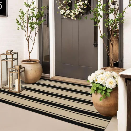 Miniatura 10 de Alfombra de lana cuadriculada para exteriores de 24 x 35 pulgadas, alfombra de algodón tejida a mano, plegable, lavable, reversible, en capas