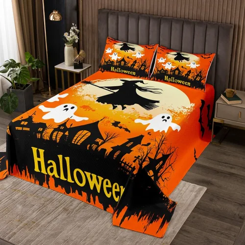 Miniatura 11 de Erosebridal Juego de colcha de murciélago de Halloween, tamaño individual, estrellas con purpurina y galaxia, para niños, decoración de Halloween