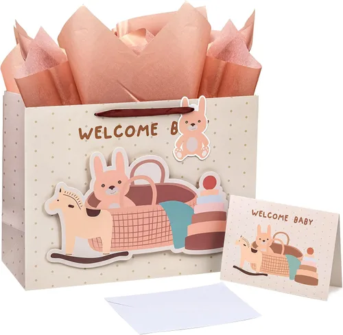 LeZakaa Bolsa de regalo de conejo de 16 pulgadas con papel de seda, etiqueta de regalo y tarjeta, bolsa caqui con conejo en el baño y diseño de Bebé