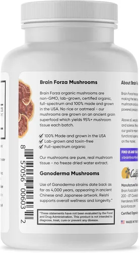 Miniatura 3 de Brain Forza Cápsulas orgánicas de hongos reishi rojos, apoyo inmunológico alimentado por hongos adaptogénicos, salud cardíaca y cardiovascular