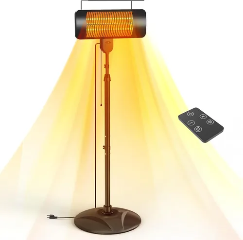 Calentadores al aire libre para patio, 1500 W, 3 modos de calor y temporizador de 12H, calentador eléctrico impermeable IP54 con altura ajustable,