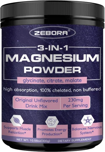 ZEBORA Polvo de Magnesio para Dormir, Suplemento de Complejo de Magnesio Quelado con Glicinato, Citrato y Malato, Mezcla de Bebida Sin Sabor con