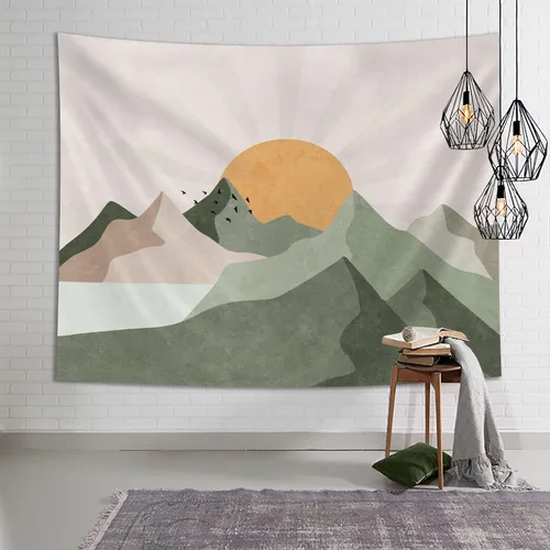 Miniatura 4 de SUOTEMEIFEI Tapiz bohemio verde salvia con sol de montaña, arte simple, paisaje de puesta de sol, paisaje, abstracto, estético, decoración de pared