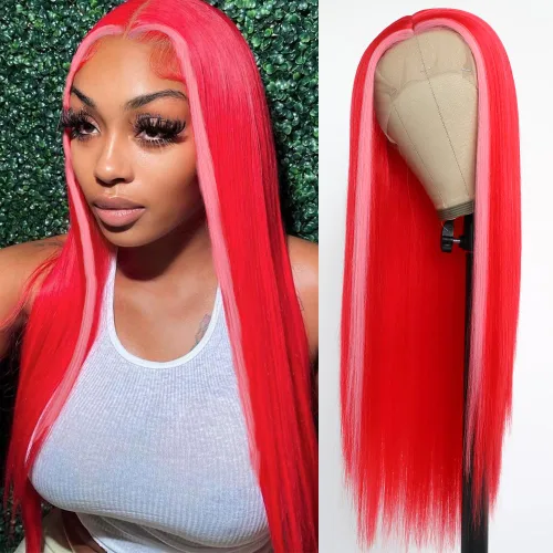 Miniatura 7 de QD-Tizer Pelucas de cabello sintético con encaje frontal de 13 x 6 pulgadas, sin pegamento, color rojo vino, color burdeos, pelucas de cabello largo