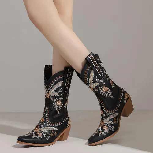 Miniatura 4 de LIPIJIXI Botas vaqueras bordadas para mujer, botas vaqueras para mujer, botas vaqueras florales de tacón bajo y grueso