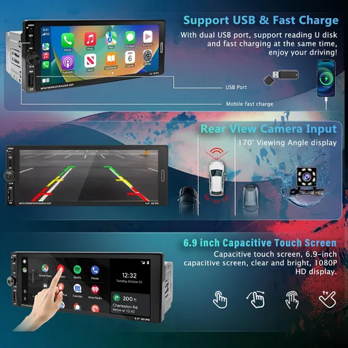 Miniatura 5 de Radio estéreo de coche de 6.9 pulgadas con pantalla táctil de un solo DIN, radio inalámbrica Apple Carplay y Android Auto, enlace de espejo, FM, EQ