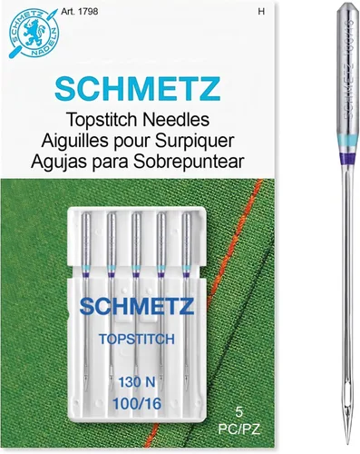 SCHMETZ Topstitch - Agujas para máquina de coser, suministros de acolchado y pespunteado, tamaño 100/16, tarjetas de 5 agujas, paquete de 1
