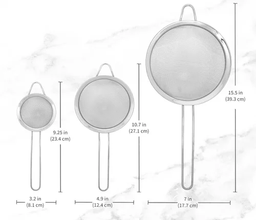 Miniatura 2 de Juego de 3 coladores de malla fina con mango para cocina, tamaños de 7 pulgadas, 4.7 pulgadas, 3.3 pulgadas, acero inoxidable 304 fácil de limpiar