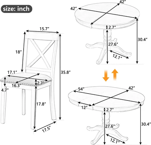 Miniatura 2 de VilroCaz Juego de mesa de comedor moderna para 4, mesa redonda expandible de 42 pulgadas con 4 sillas tapizadas, juego de cocina de 5 piezas